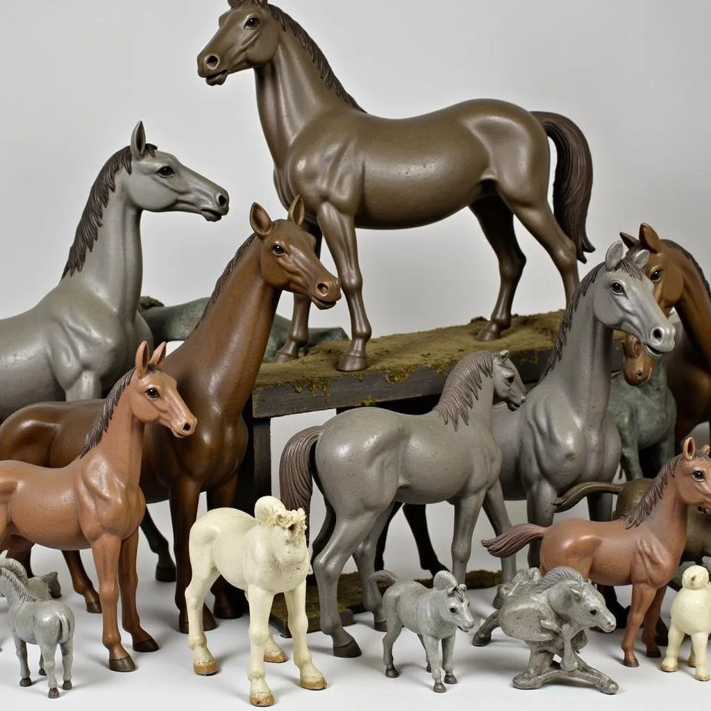 A collection of vintage metal horse figurines on display