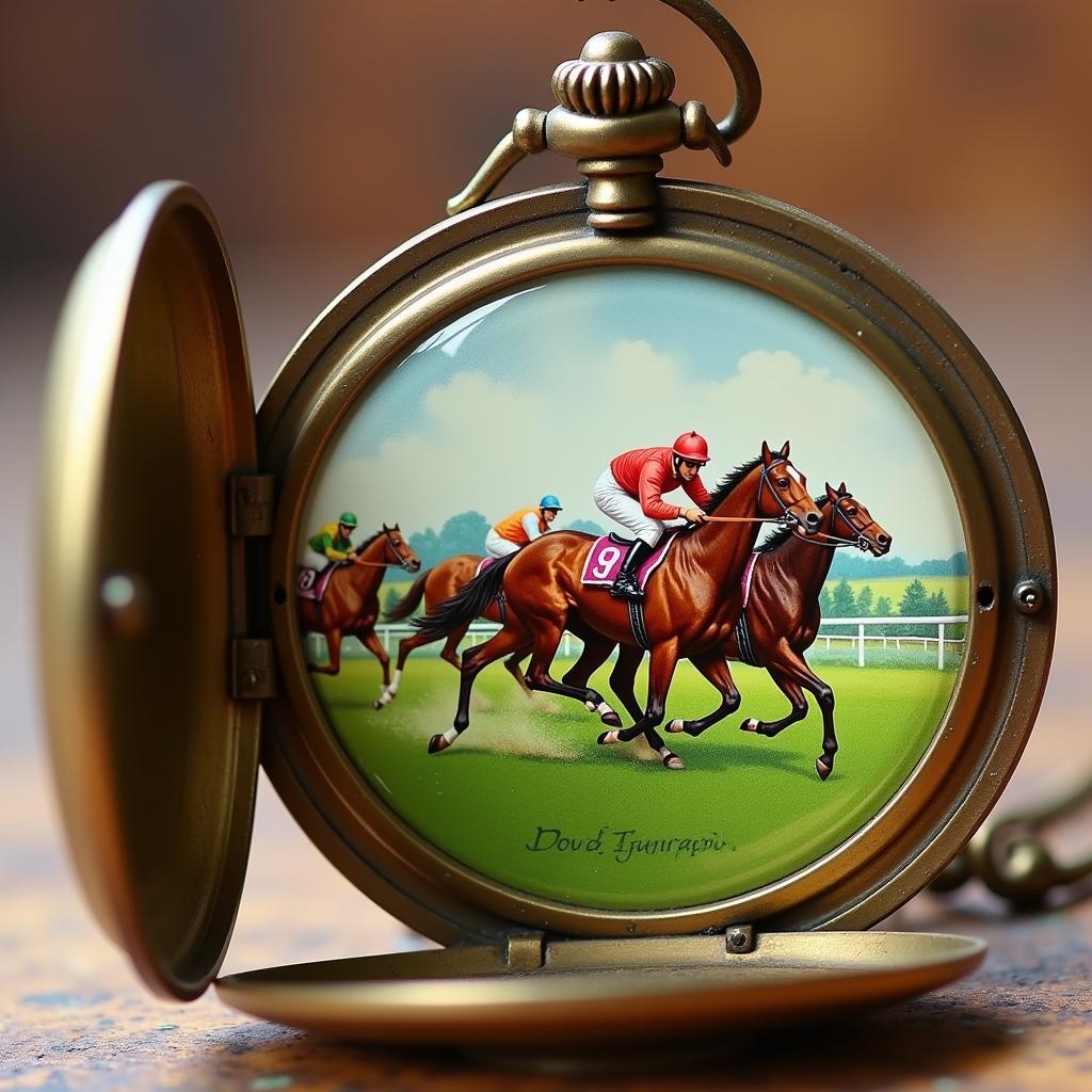 Vintage Pocket Watch with Horse Racing Scene