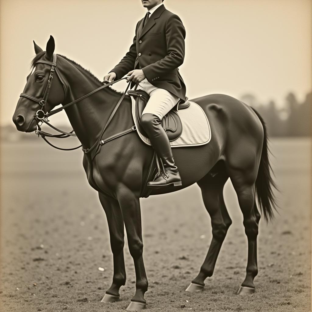 A vintage photo of a polo player wearing traditional jodhpurs