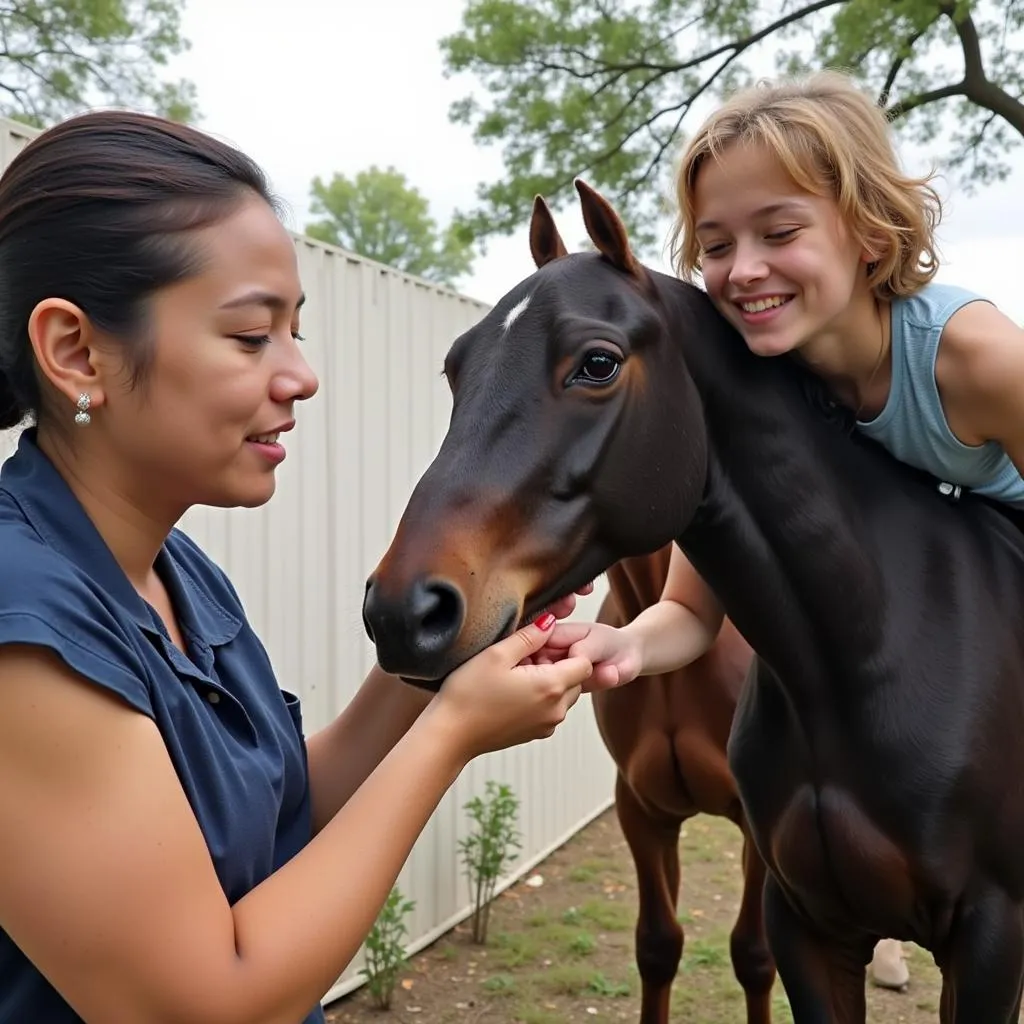 A volunteer gently grooms a rescued Morgan horse, building trust and offering comfort.