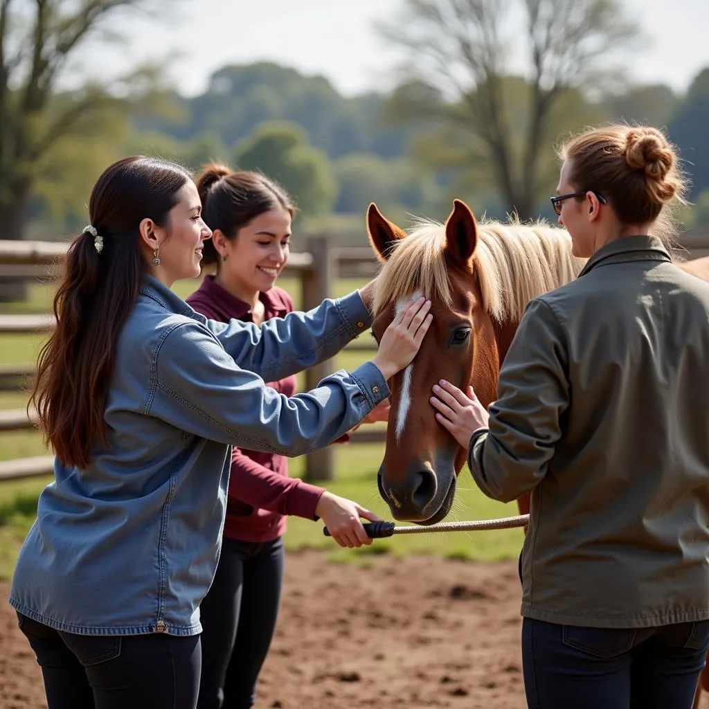 Volunteers grooming and caring for rescued horses