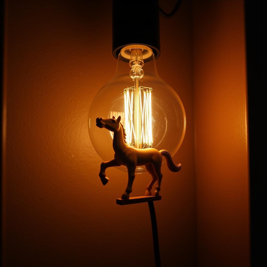 Warm light bulb illuminating a horse TV lamp