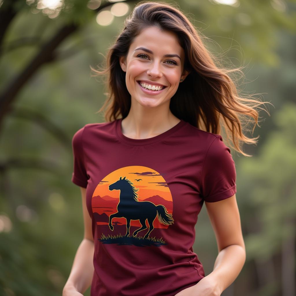 woman wearing a wild horse t-shirt with horse embroidery design