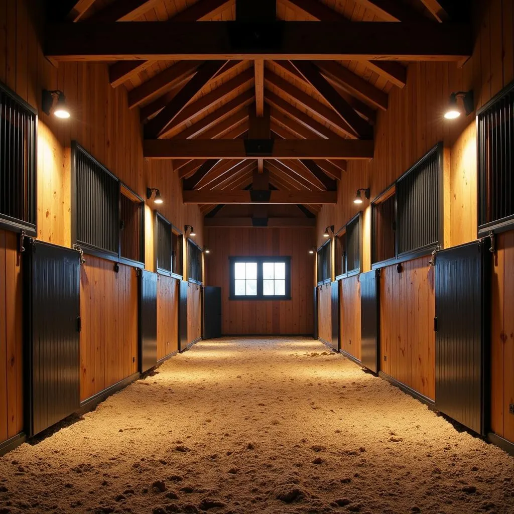 Well-lit horse barn interior