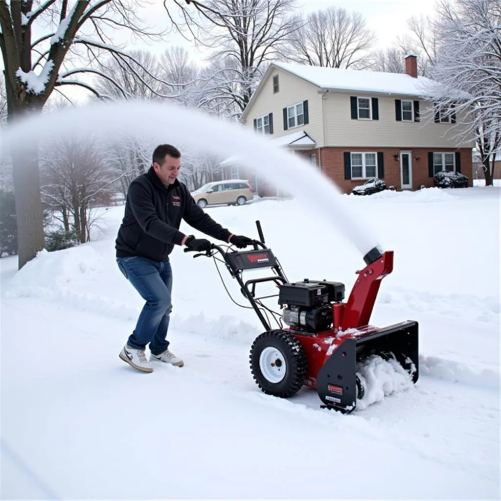 Wheel Horse Snow Thrower Clearing a Driveway