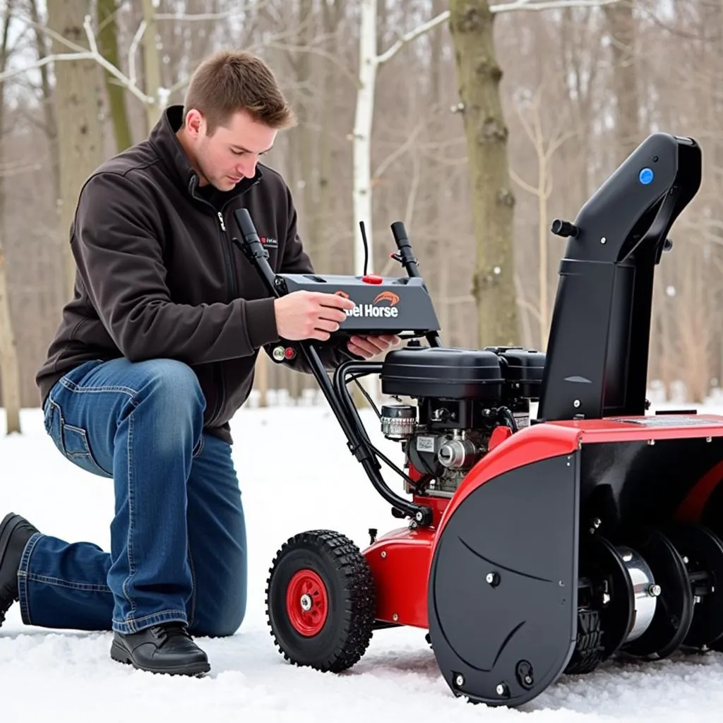 Person Performing Maintenance on a Wheel Horse Snow Thrower