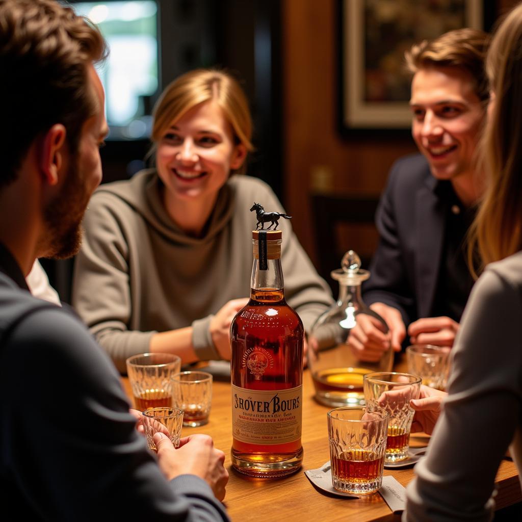 A whiskey tasting event with a horse-themed bottle as the centerpiece 