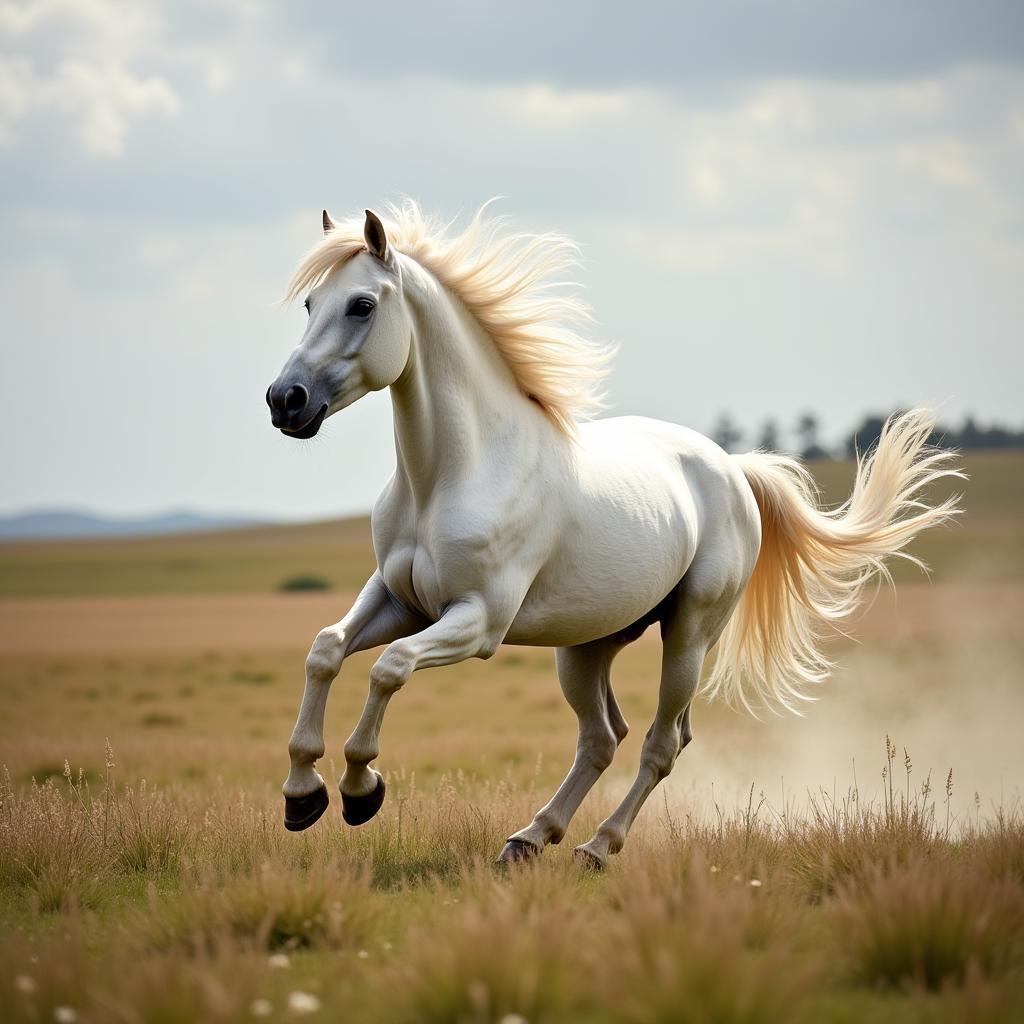 White horse galloping through a field