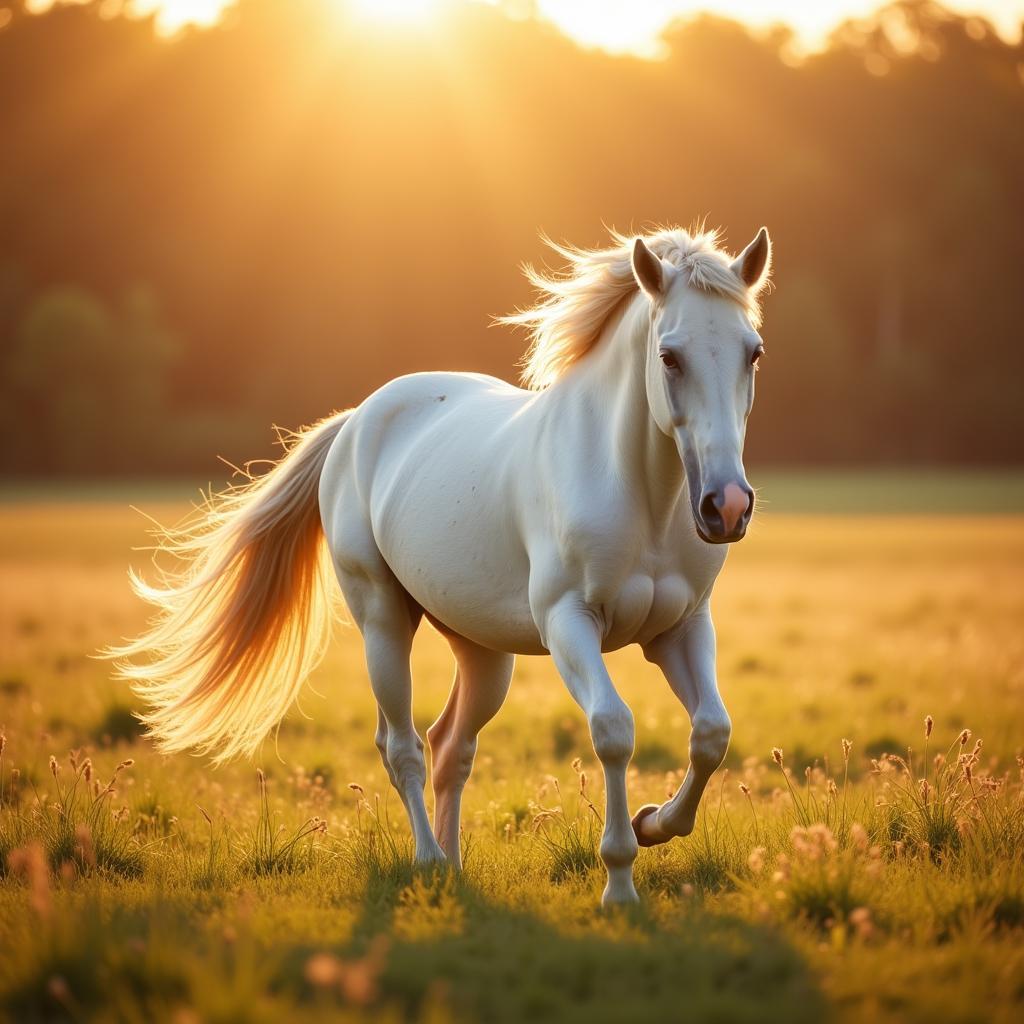 White horse running through a field