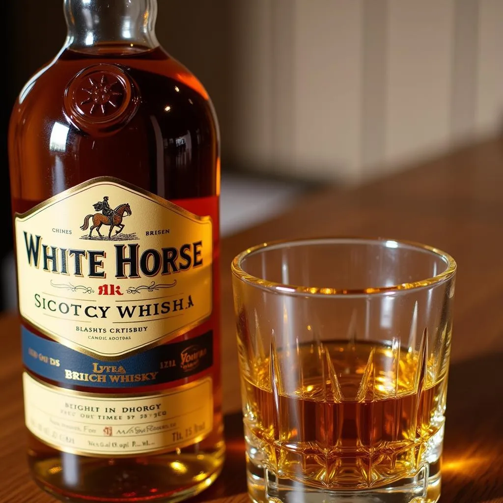 White Horse Scotch Whisky Bottle and Glass