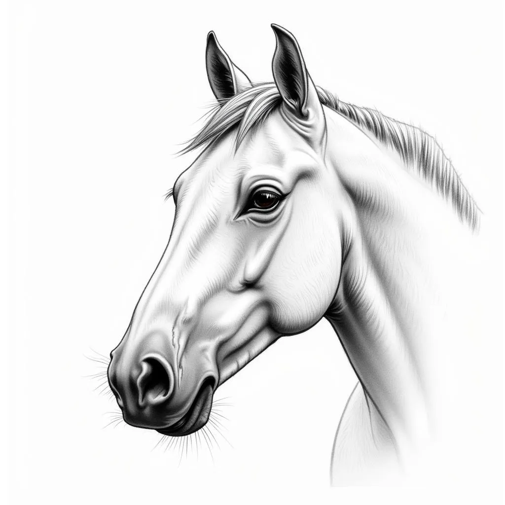 A close-up sketch of a white horse's head, capturing its expressive eyes and delicate facial features.