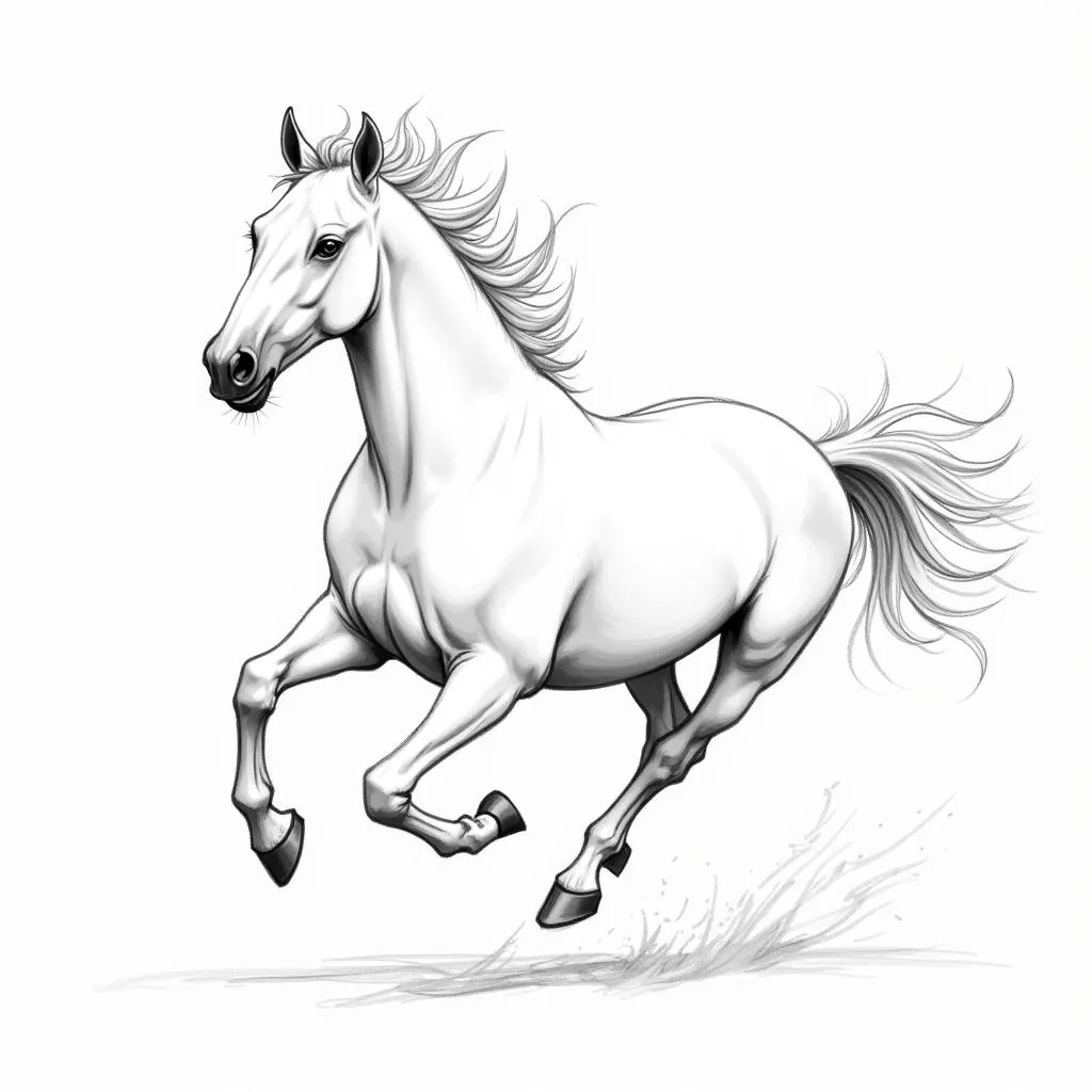 A dynamic sketch of a white horse running, emphasizing its powerful stride and flowing mane.