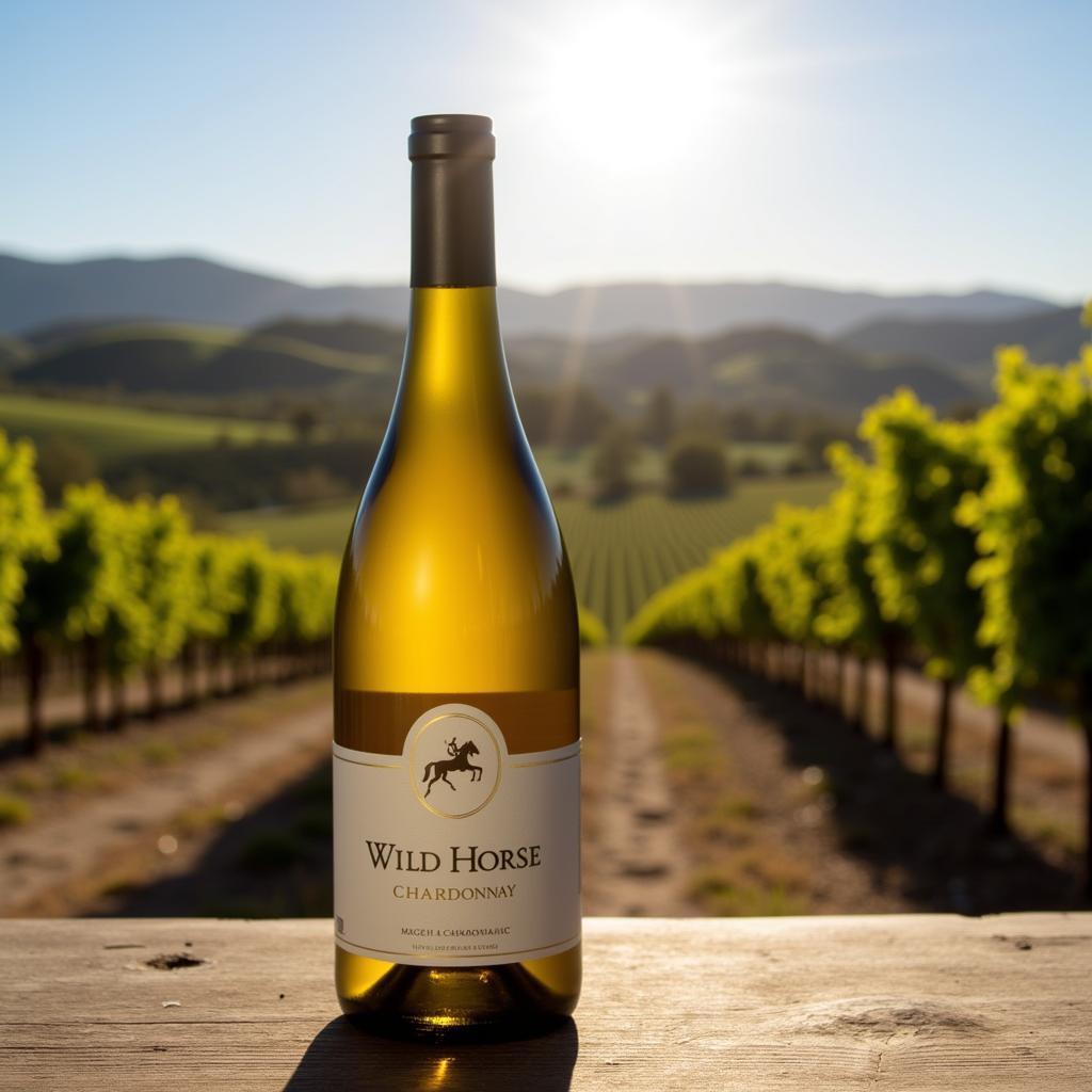 Wild Horse Chardonnay bottle against a backdrop of rolling vineyards