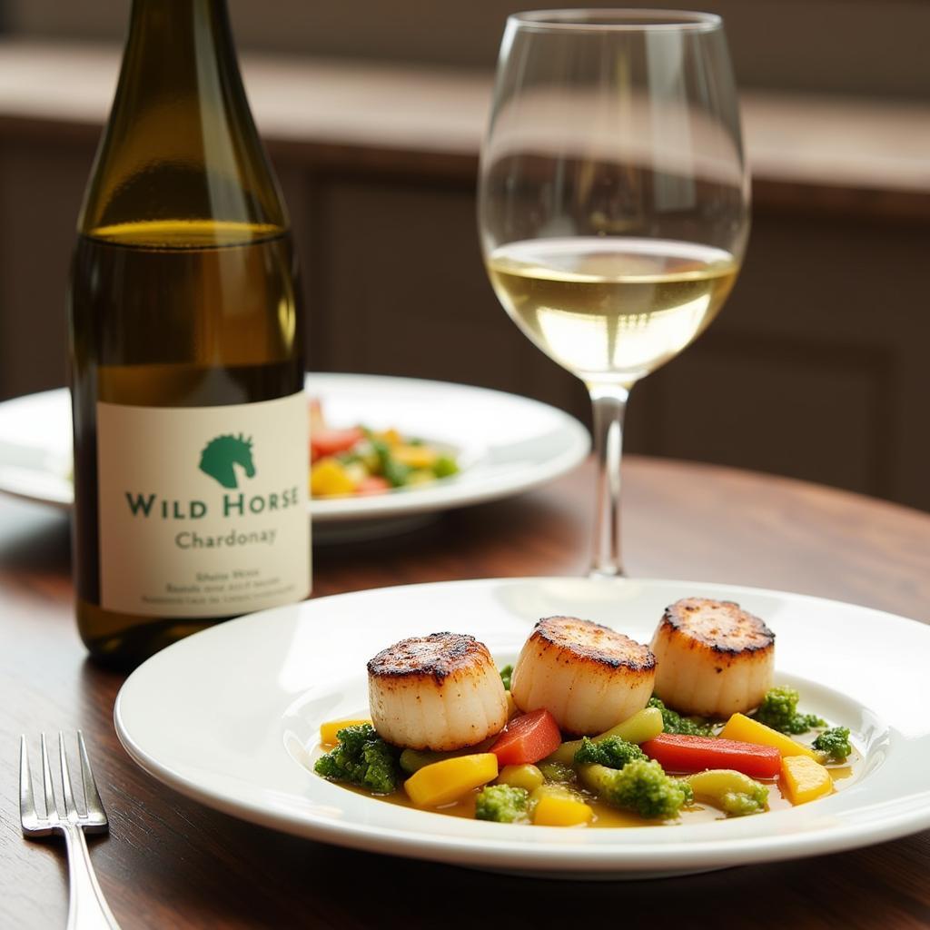 Wild Horse Chardonnay served alongside a plate of grilled scallops and vegetables