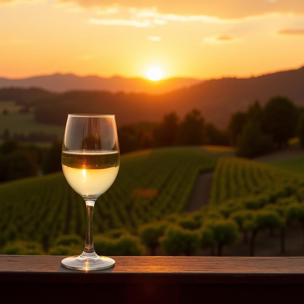 A glass of Wild Horse Chardonnay silhouetted against a vibrant sunset over the vineyards