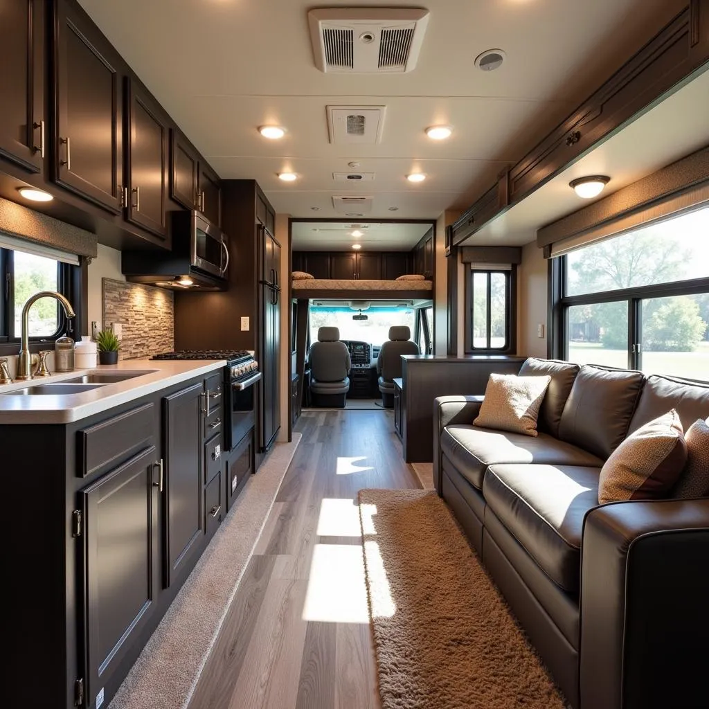 Inside a Wild Horse RV: Luxurious living space with comfortable seating and modern amenities