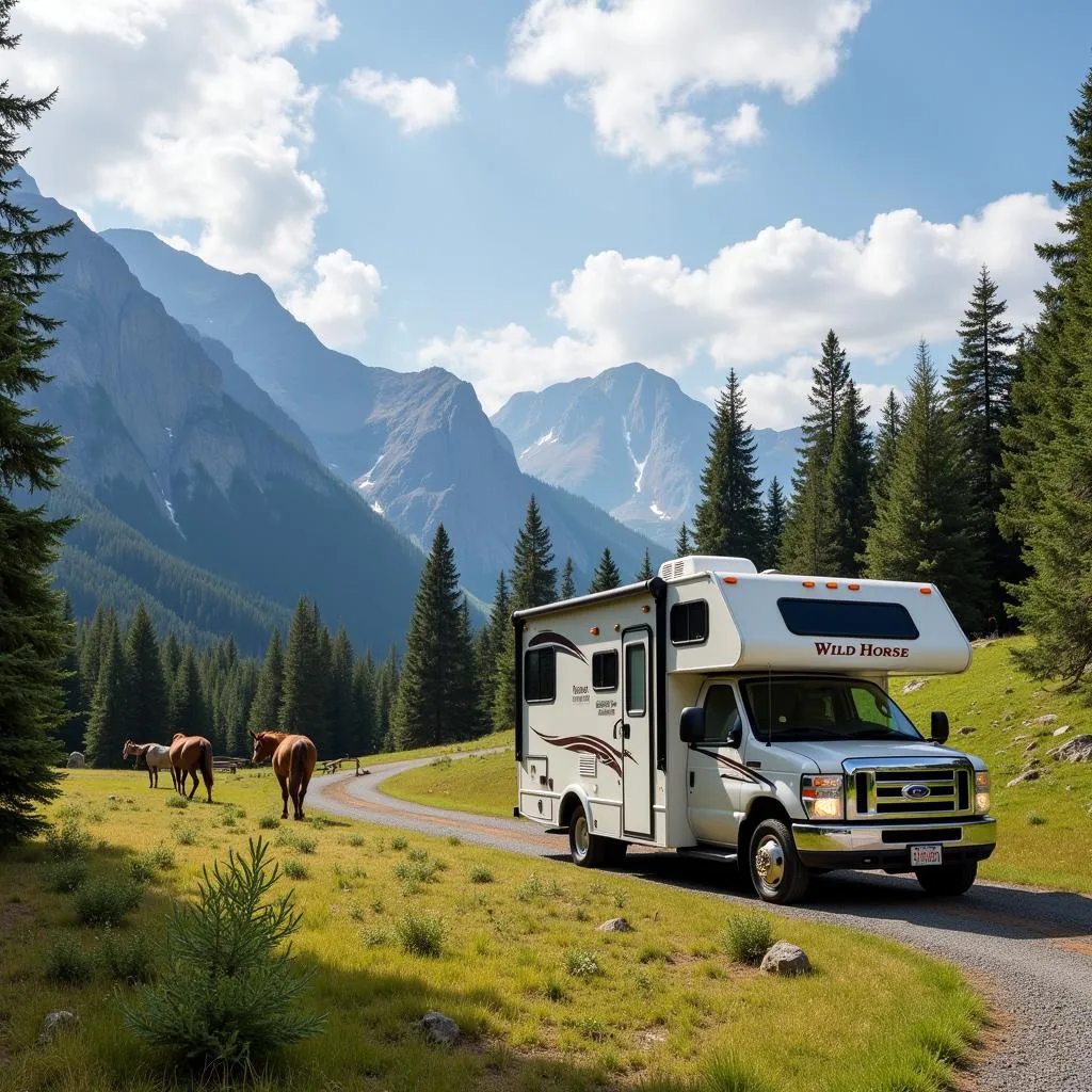 A Wild Horse RV parked near a scenic mountain trail, ready for adventure