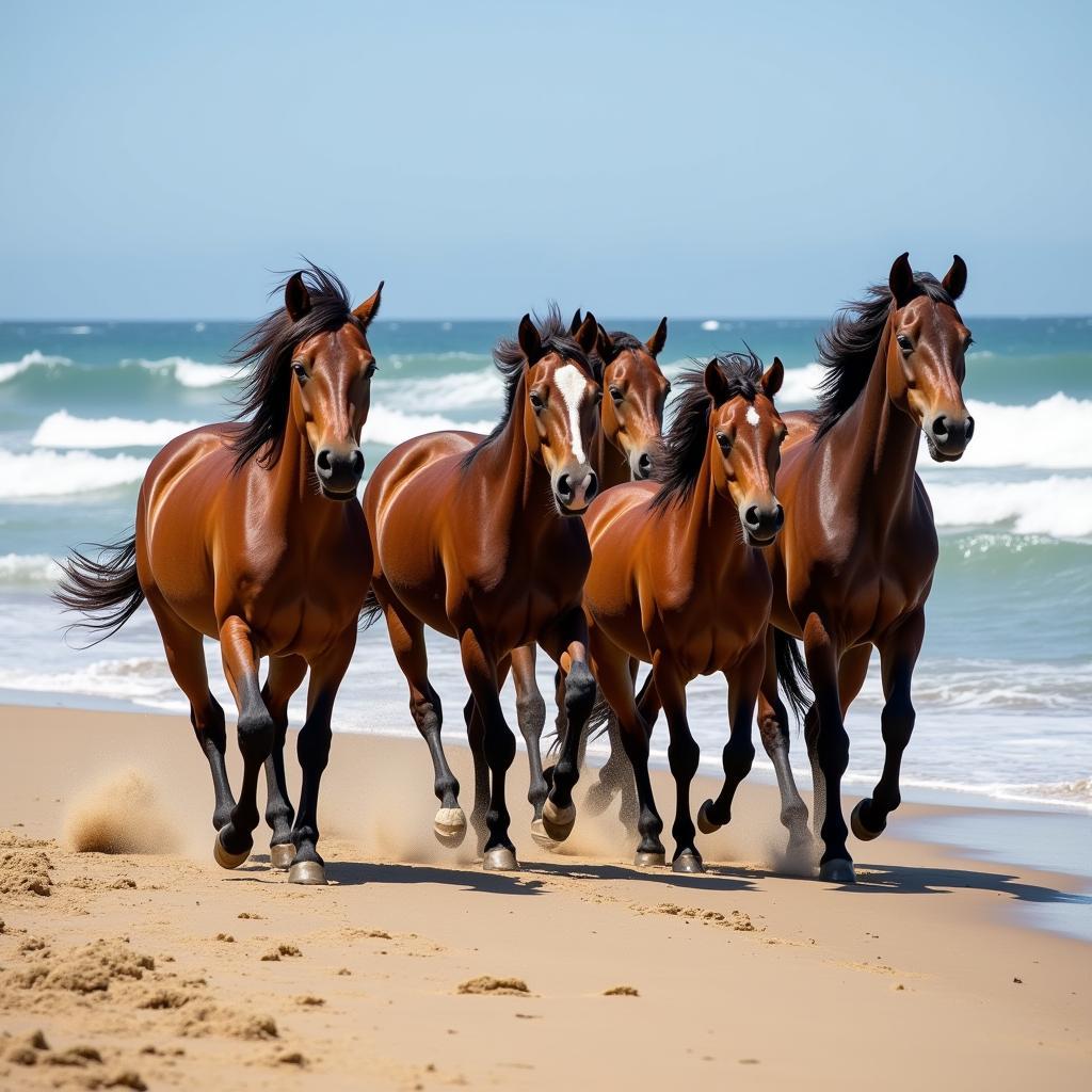 Wild horses run along the shore on an Outer Banks beach