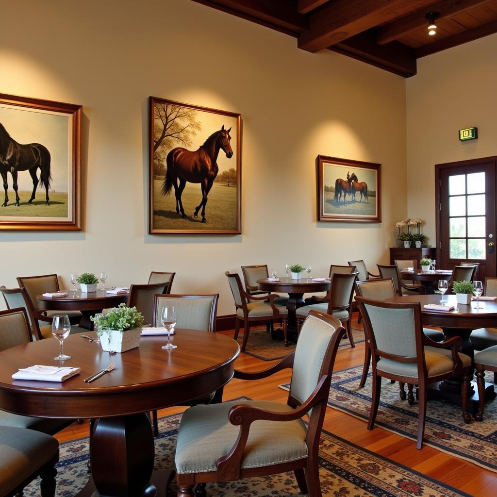 A cozy wine tasting room with equestrian-themed decor, featuring horse paintings and leather accents.