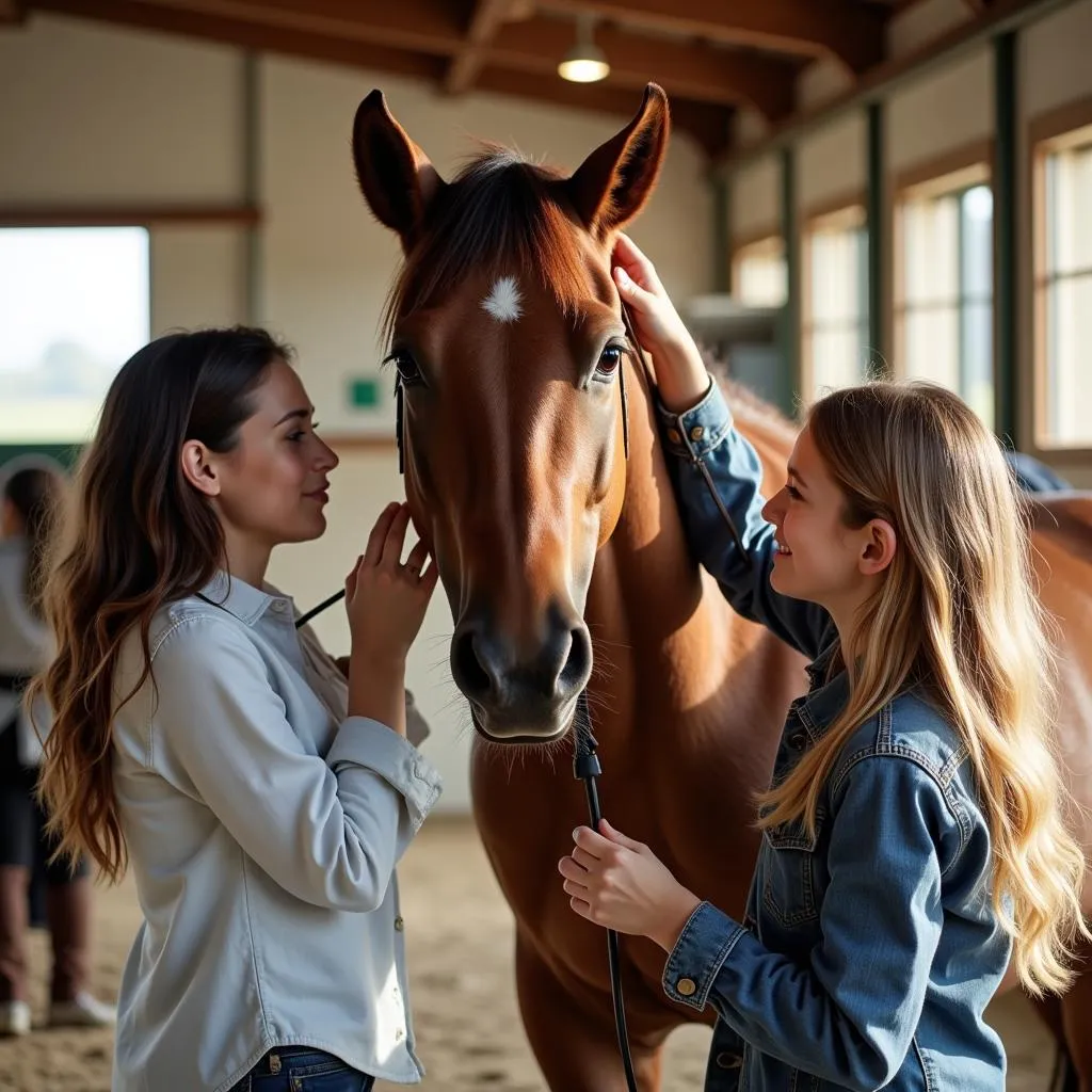 Woman and a young girl bonding while grooming a horse in a well-maintained stable.