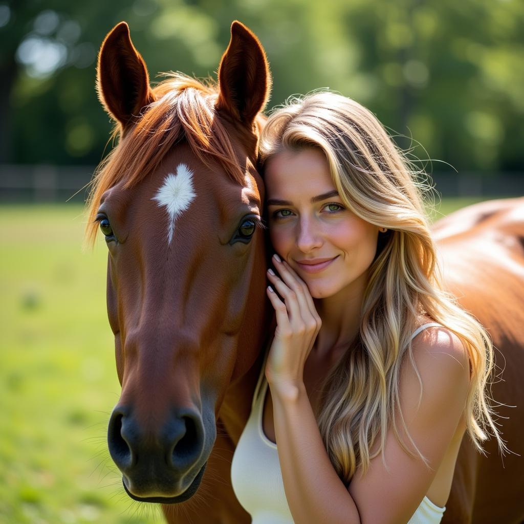 Woman and horse bond in Michigan pasture