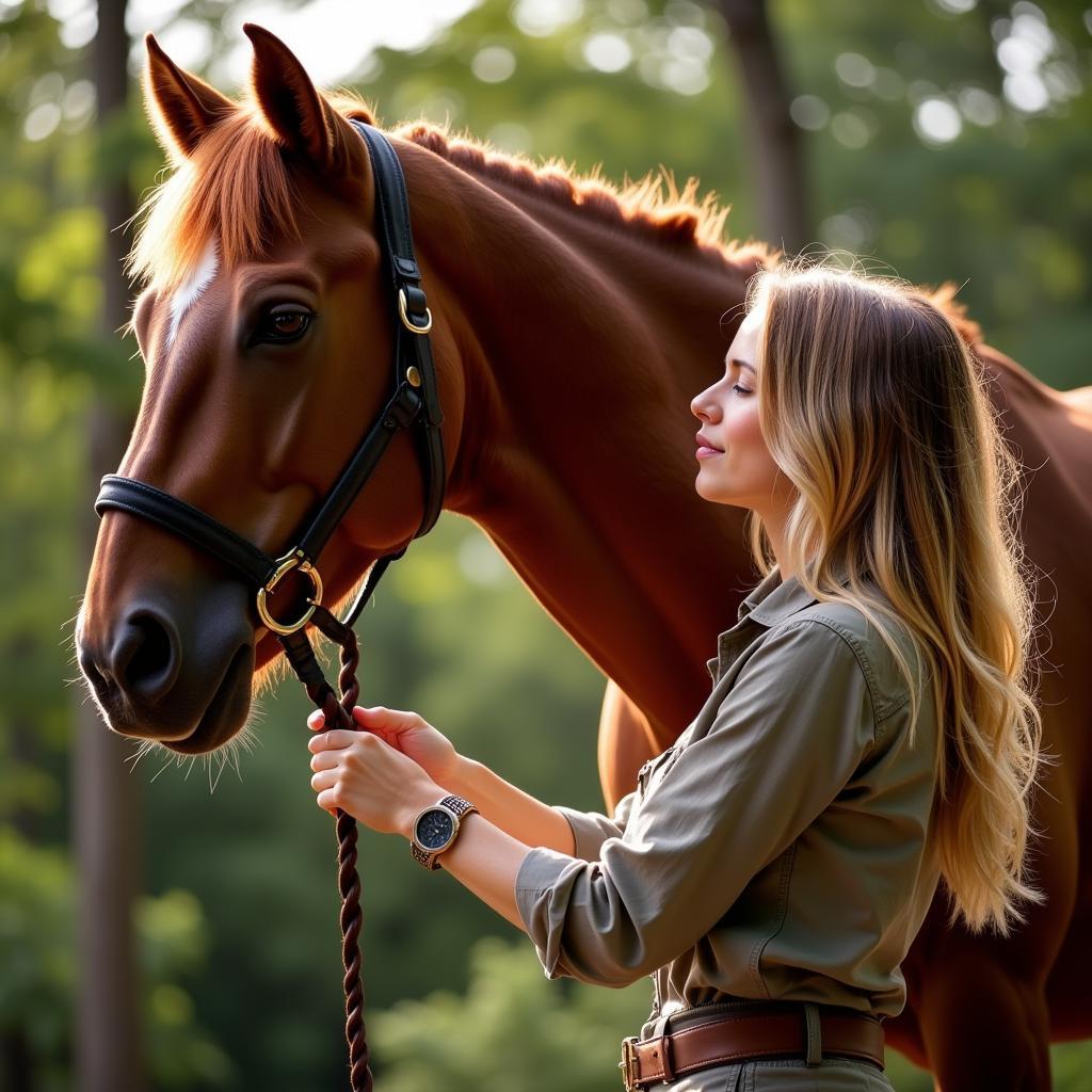 A woman braiding her horse's mane