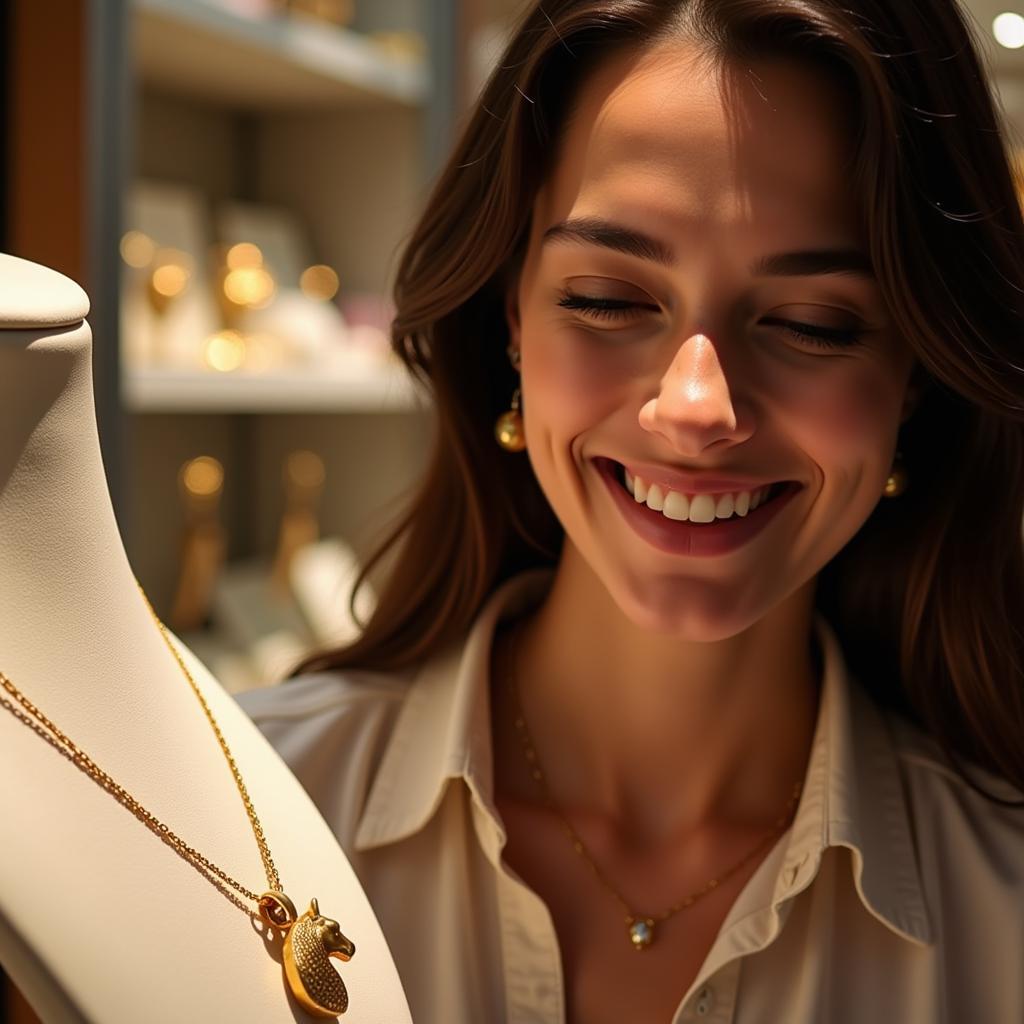 A woman smiling as she looks at a horse pendant necklace in a display case