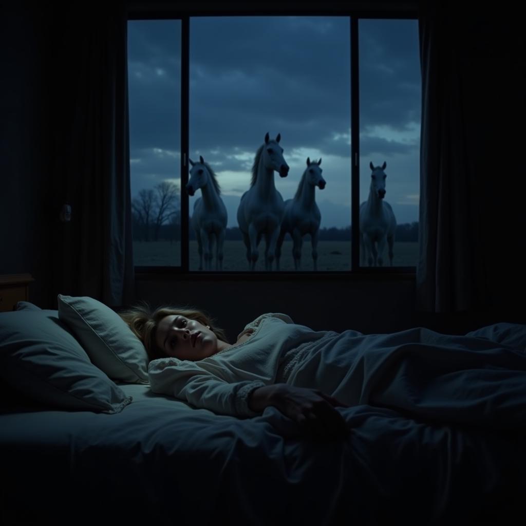 A woman on her deathbed sees four white horses through the window