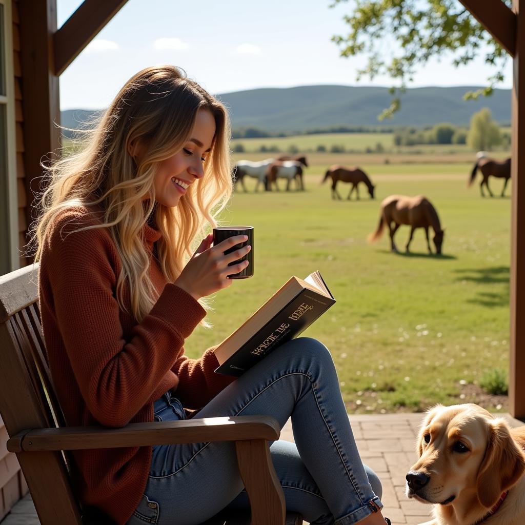 Woman Reading a Horse Romance Book on a Ranch