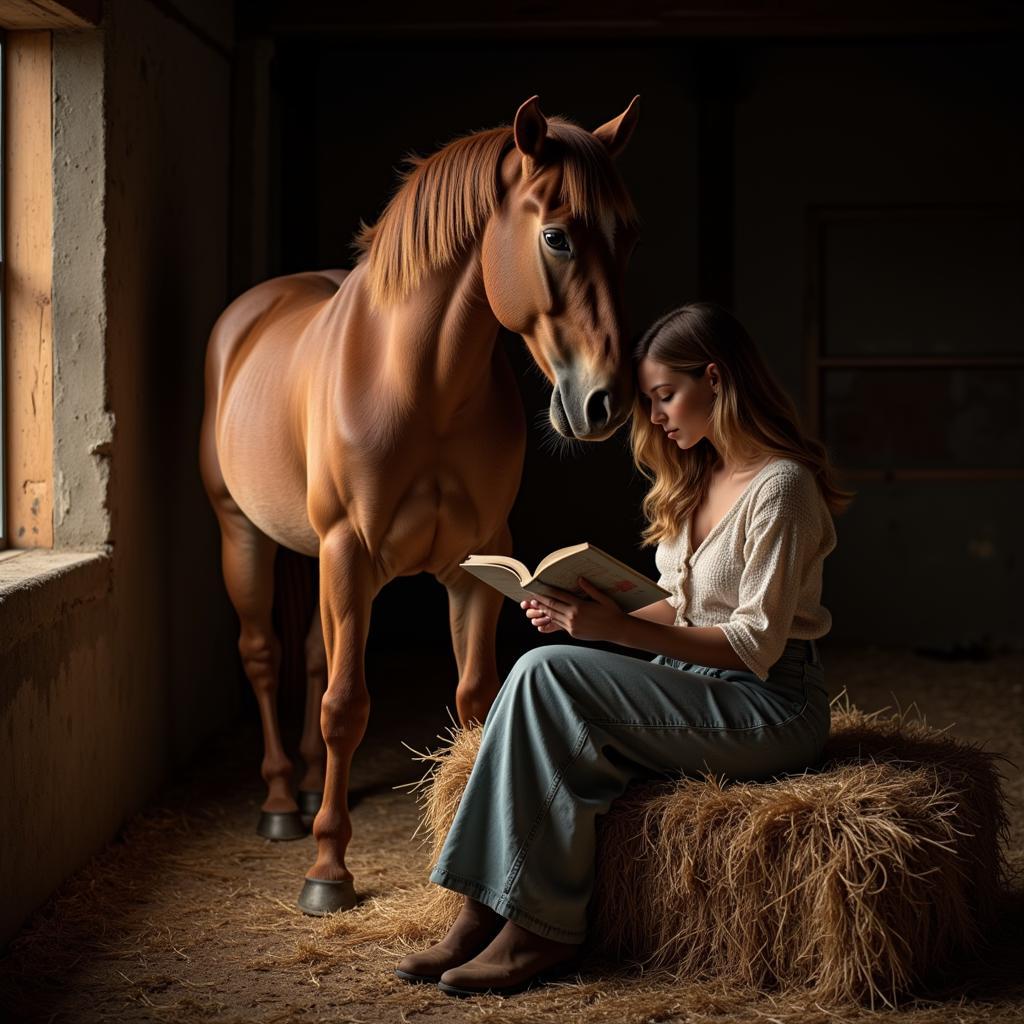 Woman reading a poetry book in a stable