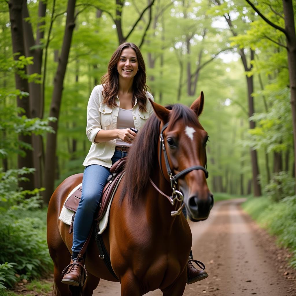  Woman enjoying a trail ride on a gaited horse 