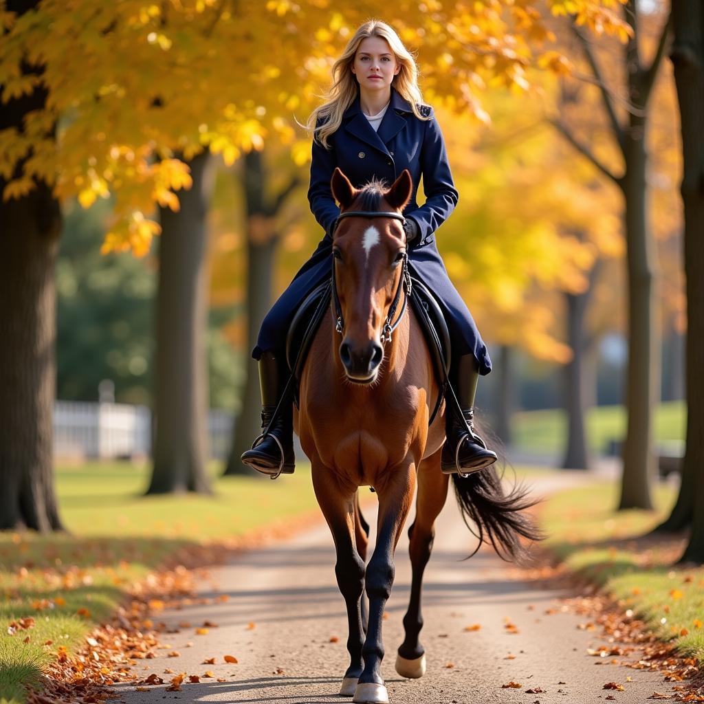 Woman riding horse in a long coat