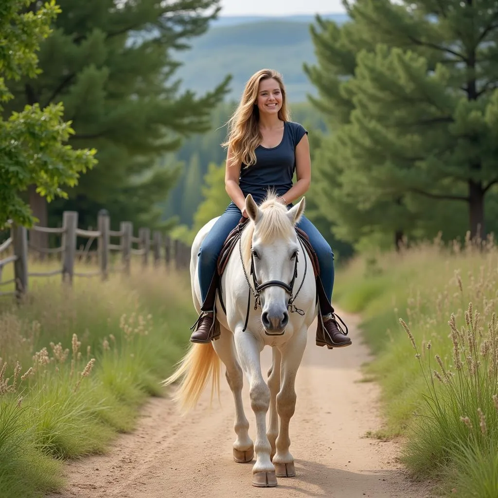 Woman Enjoying a Trail Ride on a Kay White Horse