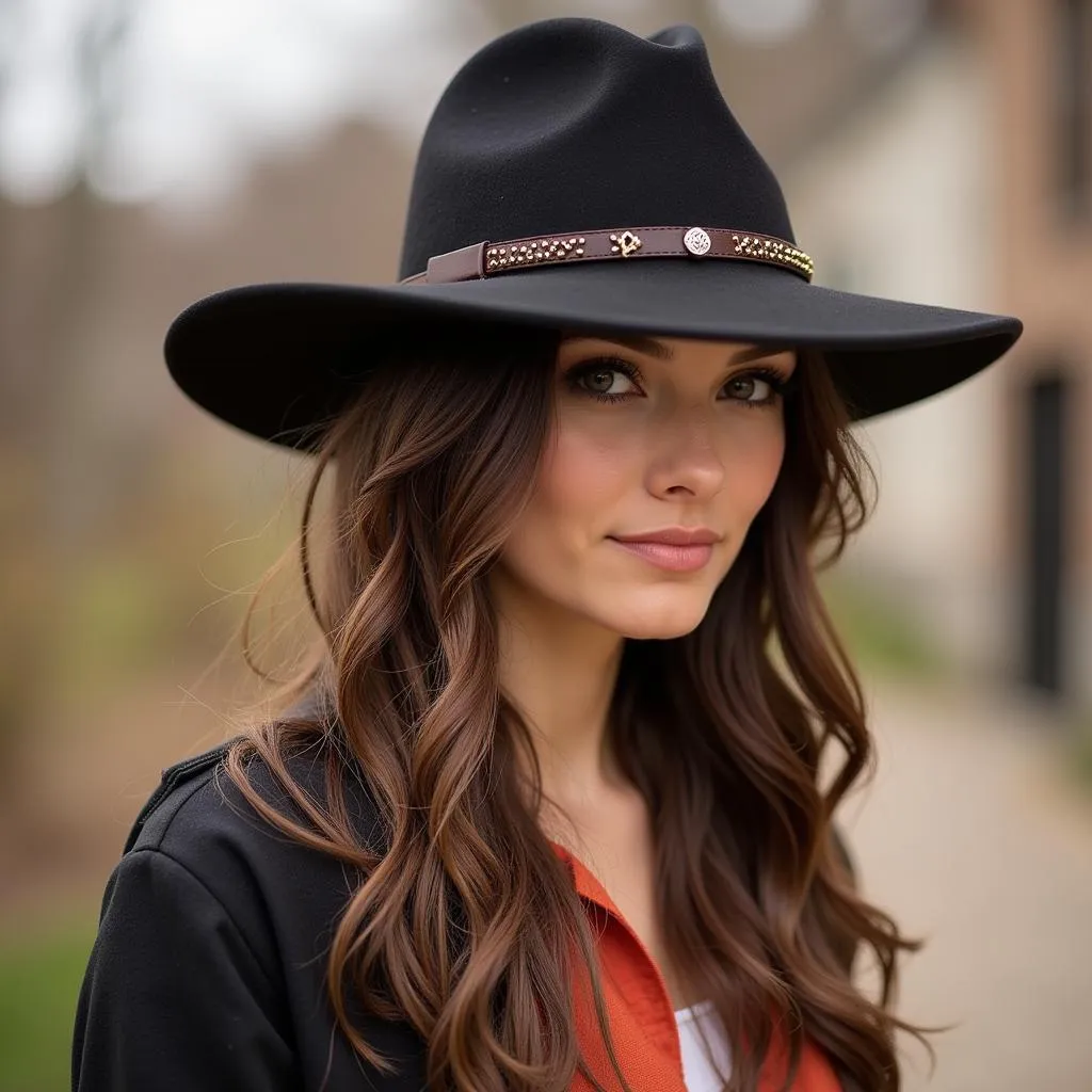 Woman confidently wearing a Charlie One Horse felt hat