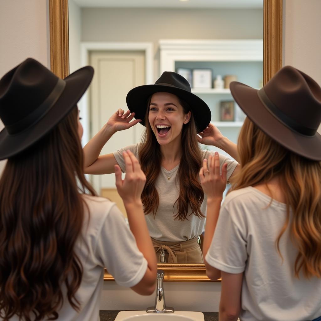 Two women trying on different horse racing hats