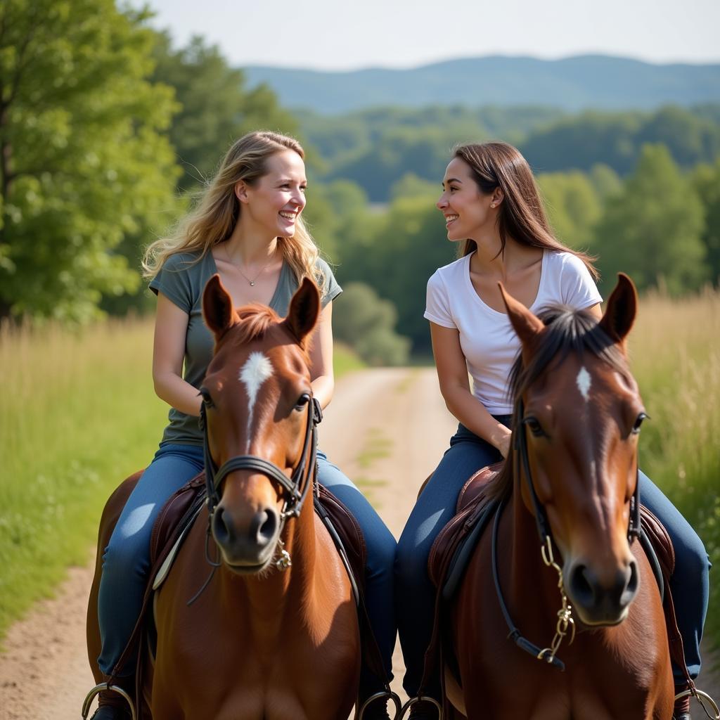 Two women horseback riding outdoors