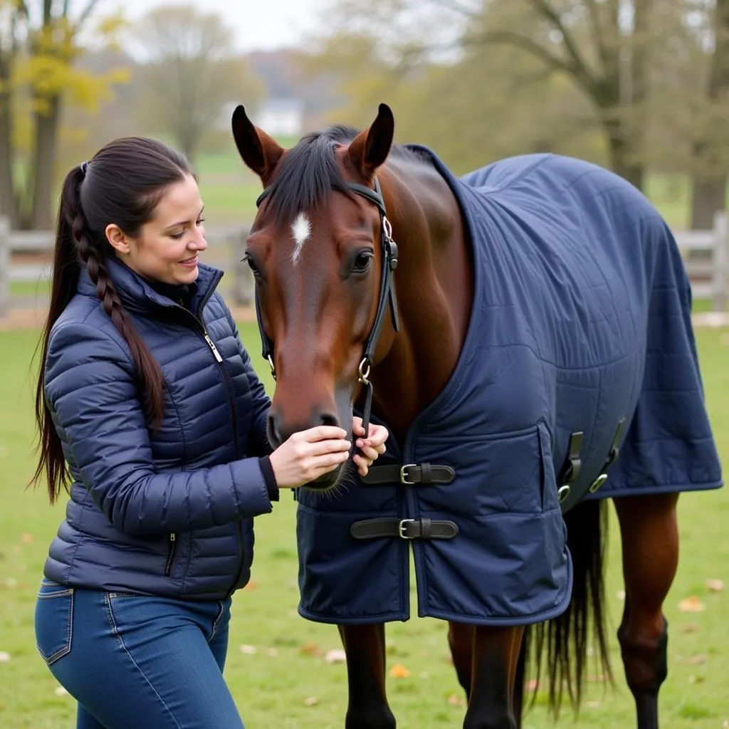 Woman Carefully Putting a Sweater on a Horse