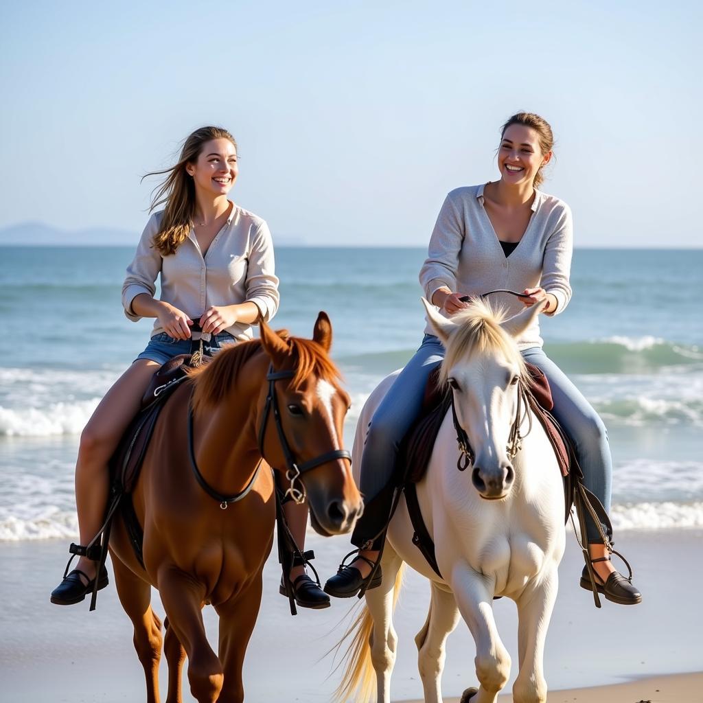 Women Enjoying a Beach Ride with Horses