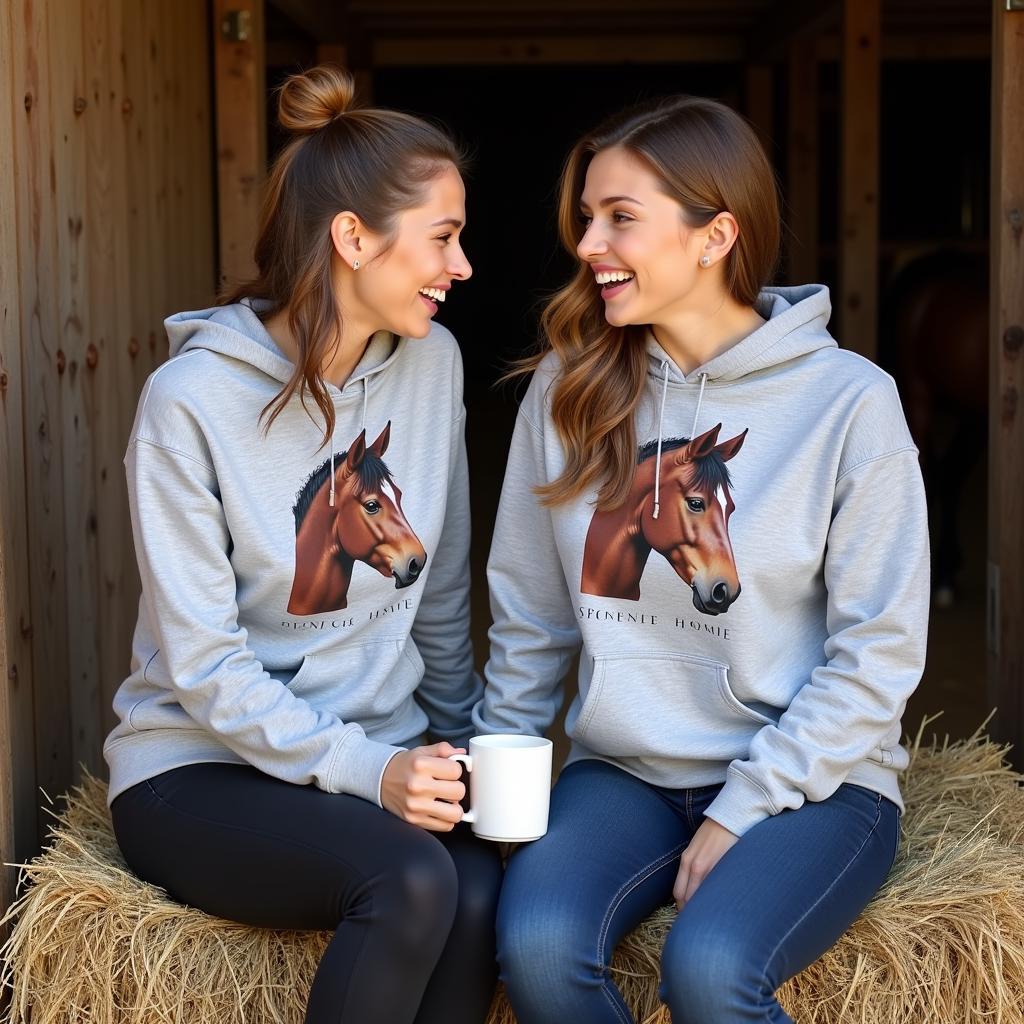 Two women sitting on a hay bale, laughing, in their horse hoodies