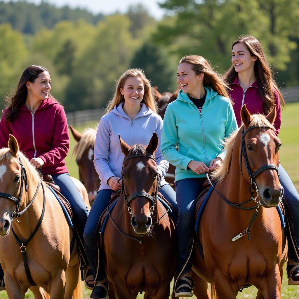 Women riding horses in stylish horse hoodies