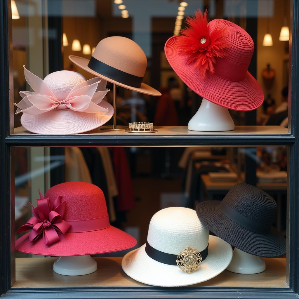 Women's horse race hats displayed in a shop window