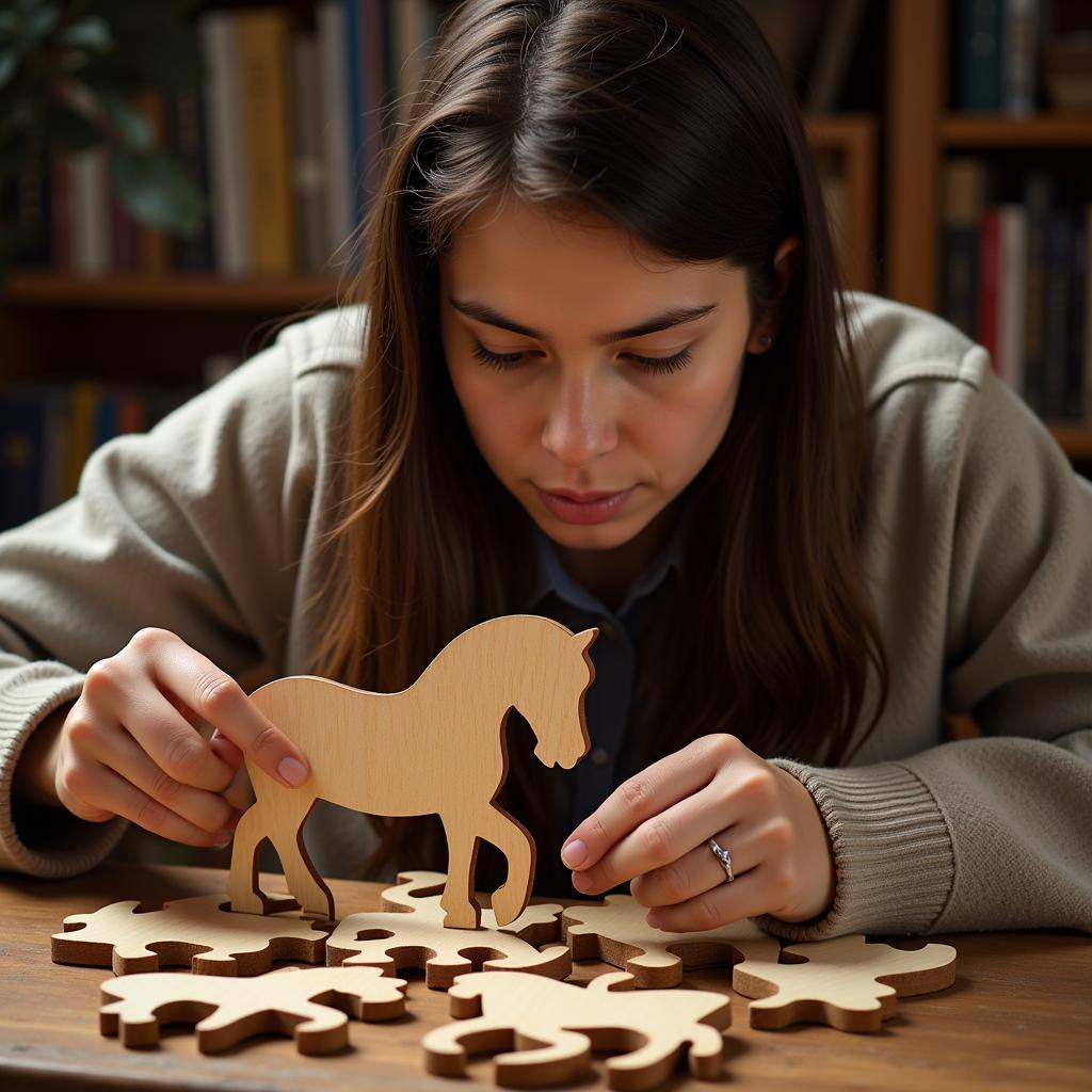 Adult working on a wooden horse shaped puzzle