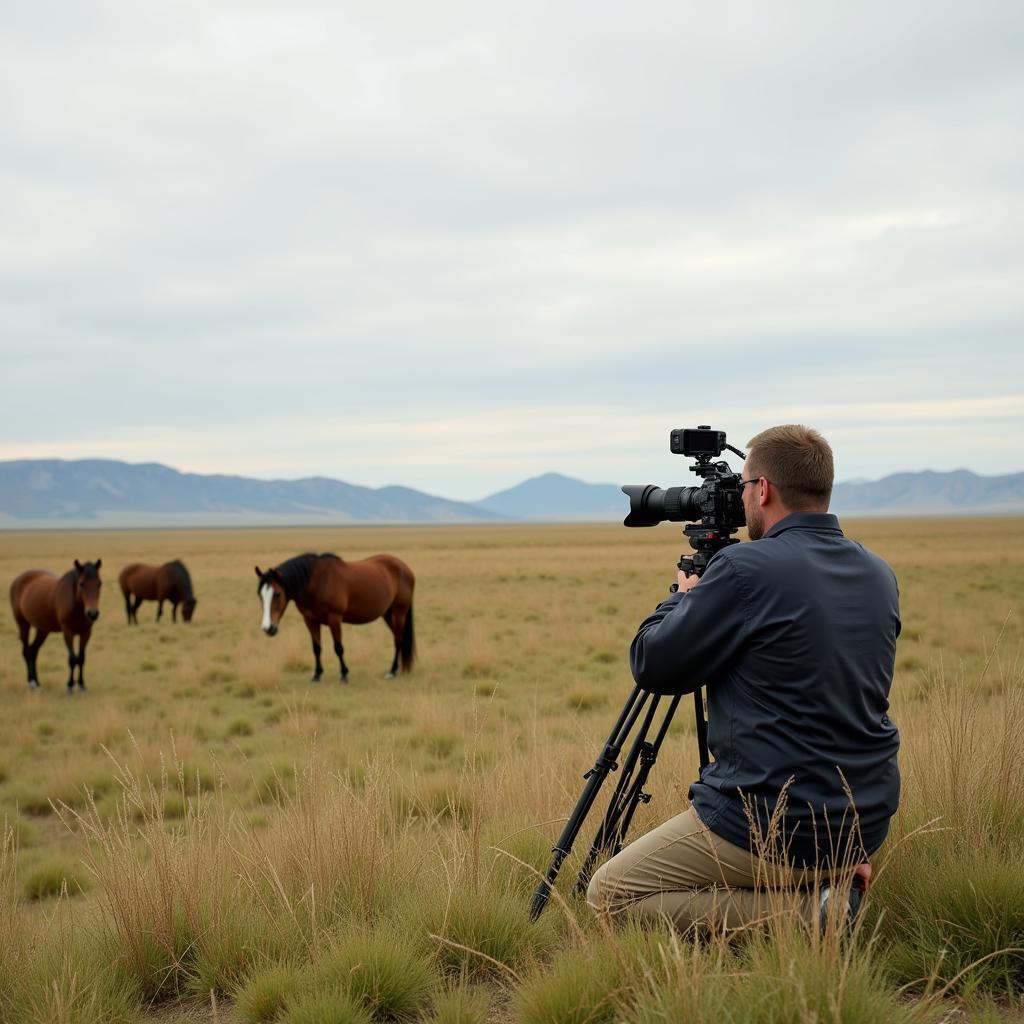 A photographer capturing images of wild horses in Wyoming