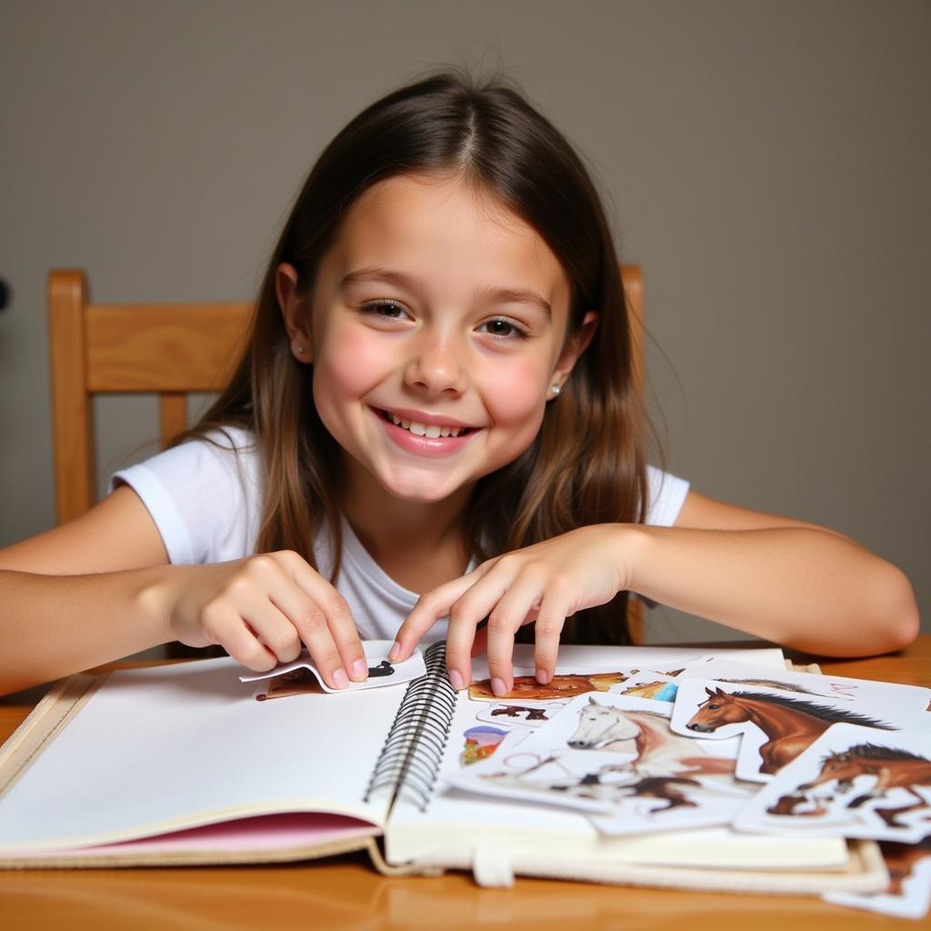 A young girl meticulously applies colorful horse stickers to her school notebook, her face beaming with joy and excitement.