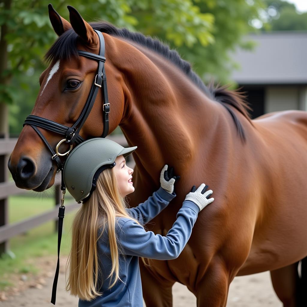 A young girl happily grooms her horse