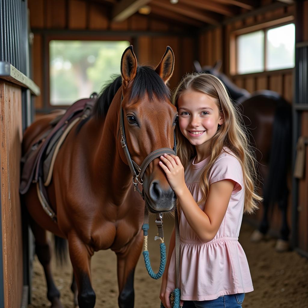 Young girl grooming her horse