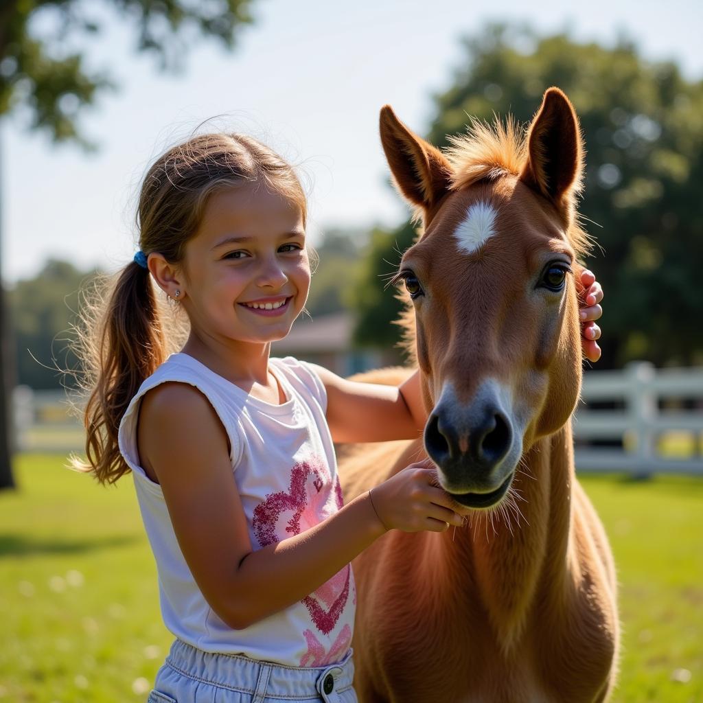 Young Girl Grooming a Miniature Horse on a Florida Ranch