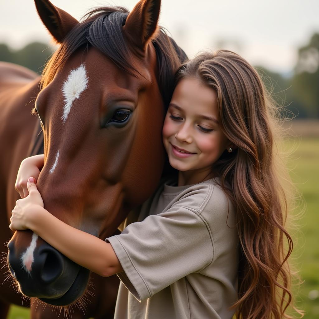 Young girl hugging a horse