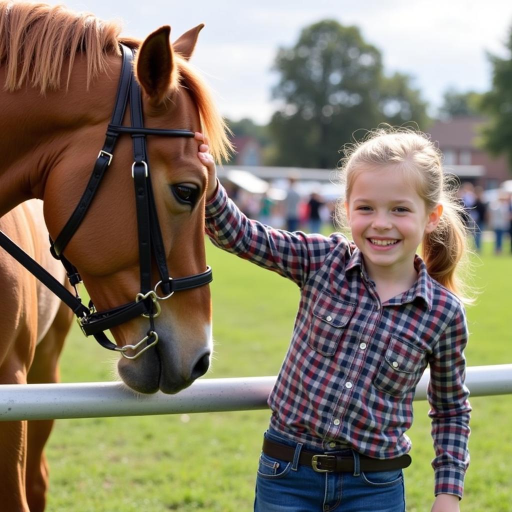 A young girl interacts with a horse at the Madison Classic Horse Show