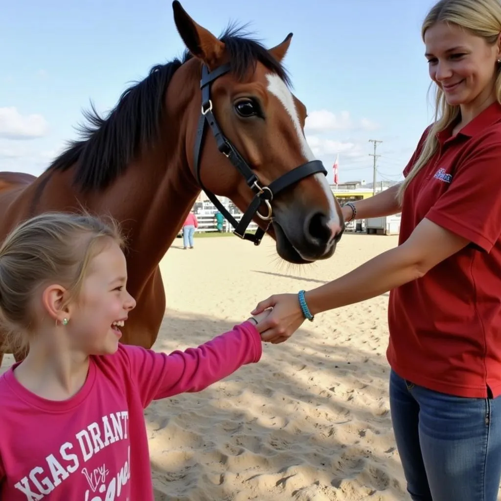 Child Interacting with a Bay Horse at Horse Show